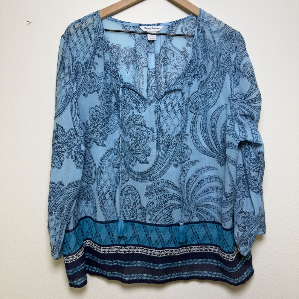 Tommy Bahama Women Puerto Sheer Top Large Blue Paisley Tassel Tie Neck Cover‎ Uo